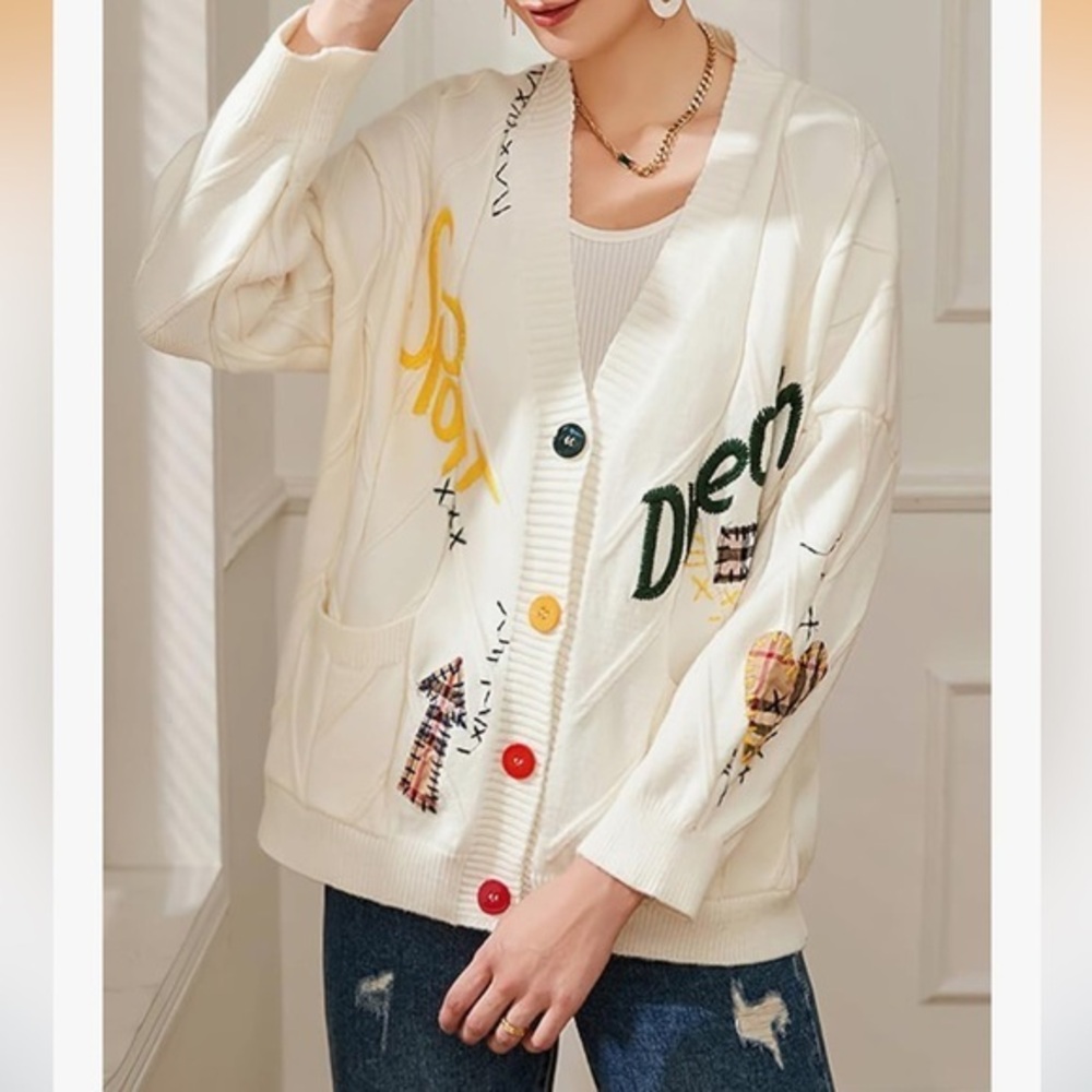 loveimgs Button Down V Neck Letter Embroidered knit Open Front Cardigan Sweater